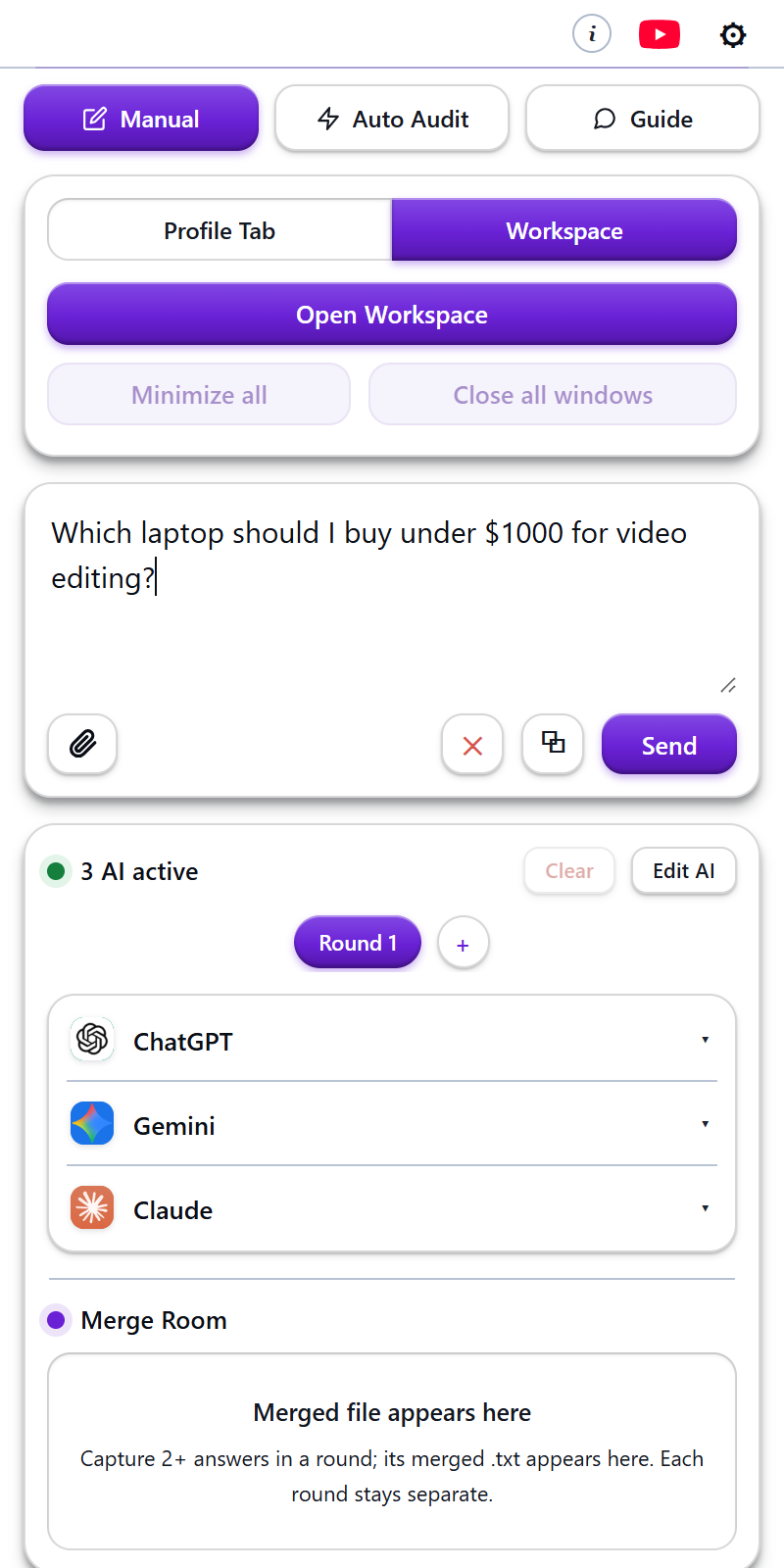 Manual mode with workspace and merge room